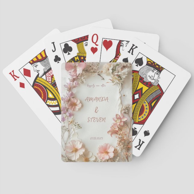 Pink Flowers Wedding Playing Cards (Back)