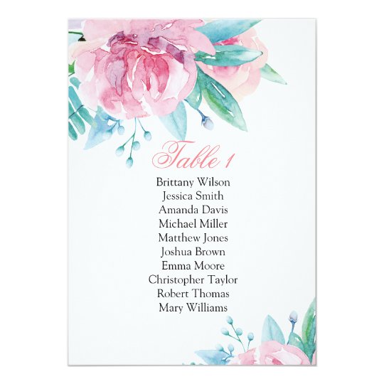 Pink flowers wedding seating chart. Botanical plan Card