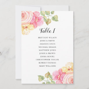 Pink flowers wedding seating chart. Table plan Invitation