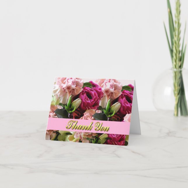 Pink Flowers Wedding Thank You Note Card (Front)