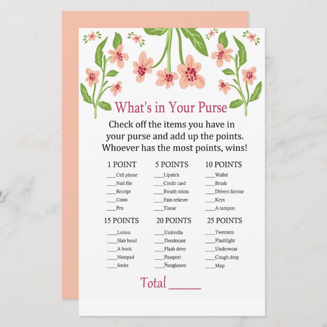 Pink Flowers What's in your purse game (Front/Back)
