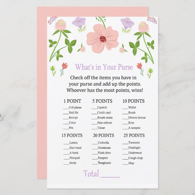 Pink Flowers What's in your purse game (Front/Back)