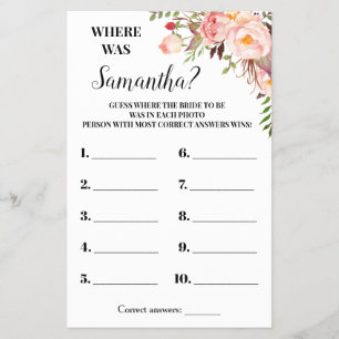 Pink Flowers Where was She Bridal Shower Game card