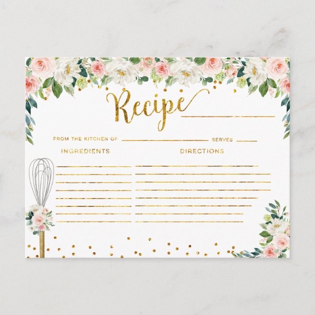 Pink Flowers Whisked away Bridal Shower Recipe Postcard (Front)