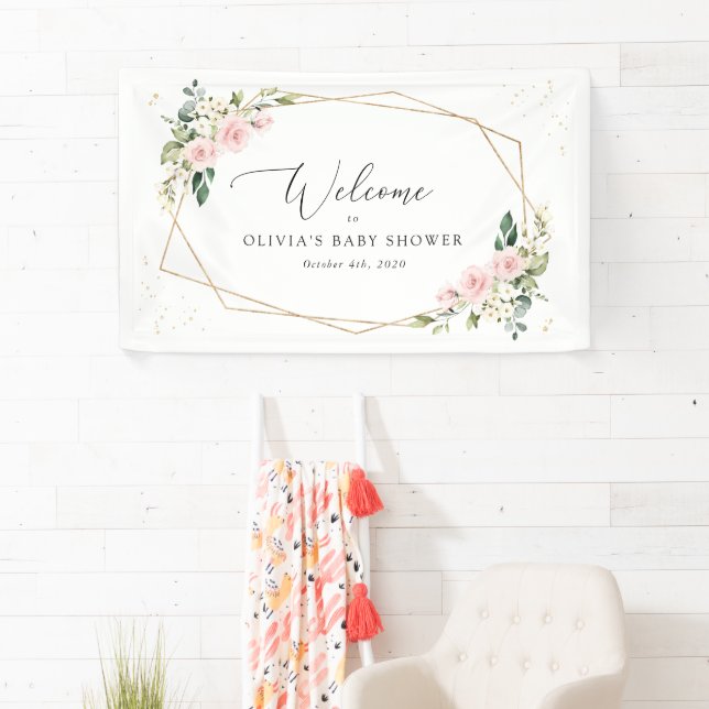 Pink Flowers, White Flowers, Baby Shower Welcome Banner (Insitu)