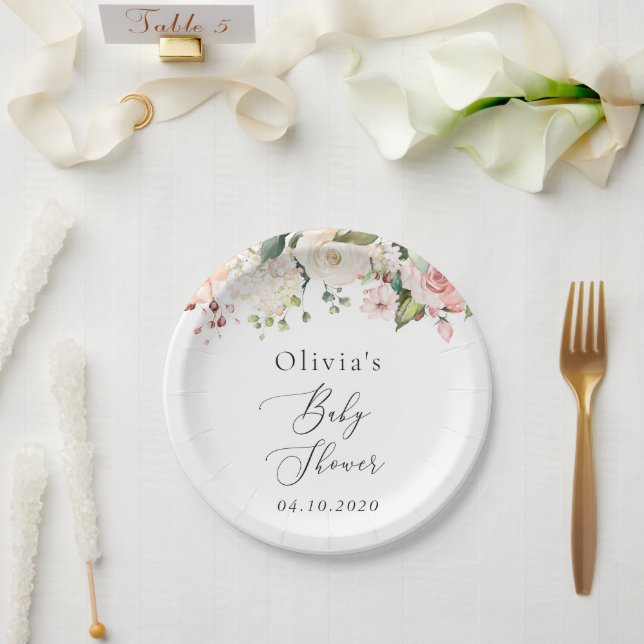 Pink Flowers, White Flowers, Boho, Baby Shower Paper Plate (Wedding)