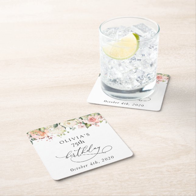 Pink Flowers, White Flowers, Boho, Birthday Square Paper Coaster (Insitu)