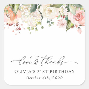 Pink Flowers, White Flowers, Boho, Birthday Square Sticker