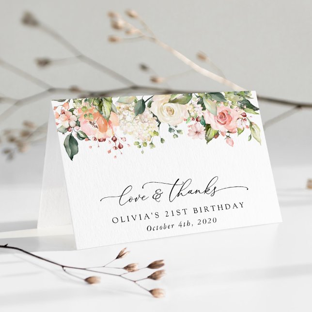 Pink Flowers, White Flowers, Boho, Birthday Thank You Card (Creator Uploaded)