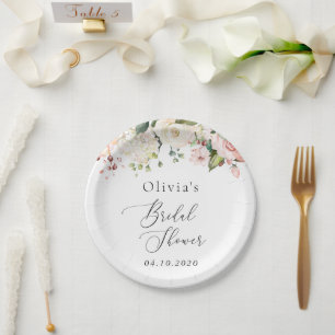 Pink Flowers, White Flowers, Boho, Bridal Shower Paper Plate