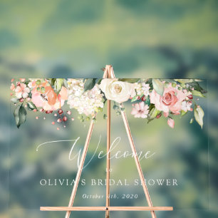 Pink Flowers, White Flowers, Boho, Bridal Welcome Acrylic Sign
