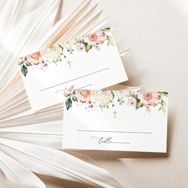 Pink Flowers, White Flowers, Boho, Floral Baptism Place Card (Creator Uploaded)