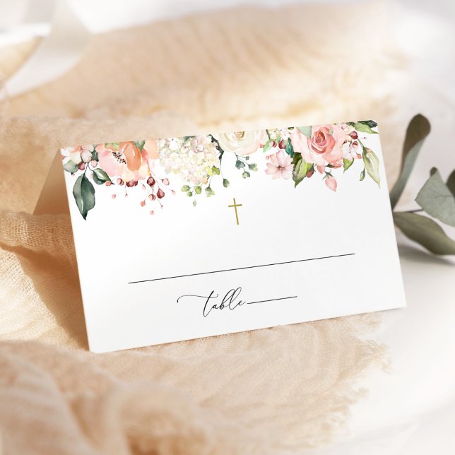 Pink Flowers, White Flowers, Boho, Floral Baptism Place Card (Creator Uploaded)