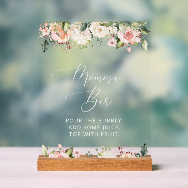 Pink Flowers, White Flowers, Boho, Momosa Bar Acrylic Sign (Neutral)