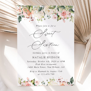 Pink Flowers, White Flowers, Boho, Sweet 16 Invitation