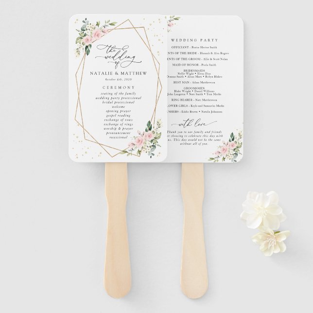 Pink Flowers, White Flowers, Boho, Wedding Program Hand Fan (Front and Back)
