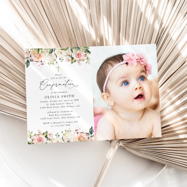 Pink Flowers, White Flowers, Floral Confirmation Invitation (Creator Uploaded)