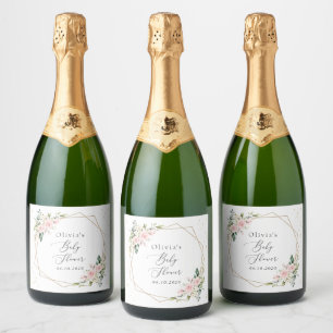 Pink Flowers, White Flowers, Greenery, Baby Shower Sparkling Wine Label