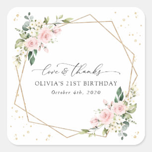 Pink Flowers, White Flowers, Greenery, Birthday Square Sticker