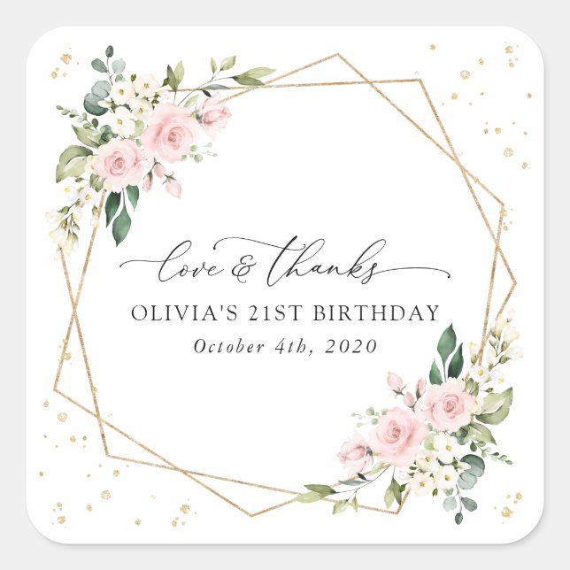 Pink Flowers, White Flowers, Greenery, Birthday Square Sticker (Front)