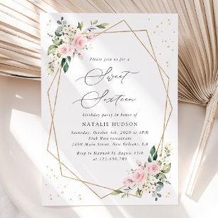 Pink Flowers, White Flowers, Greenery, Sweet 16 Invitation