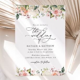 Pink Flowers, White Flowers, Greenery, Wedding Invitation