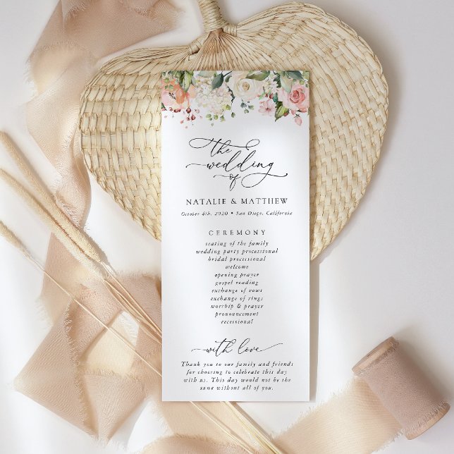 Pink Flowers, White Flowers, Greenery, Wedding Program (Creator Uploaded)
