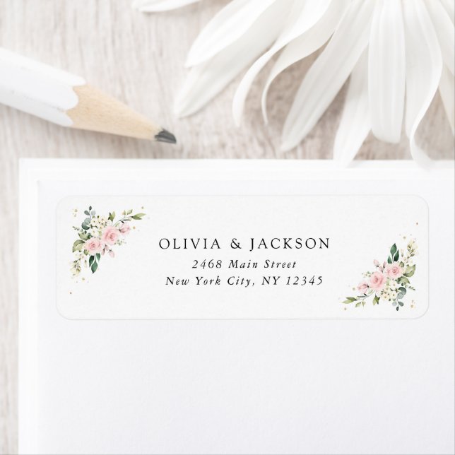 Pink Flowers, White Flowers, Greenery, Wedding Return Address Label (Insitu)