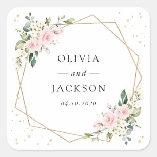 Pink Flowers, White Flowers, Greenery, Wedding Square Sticker