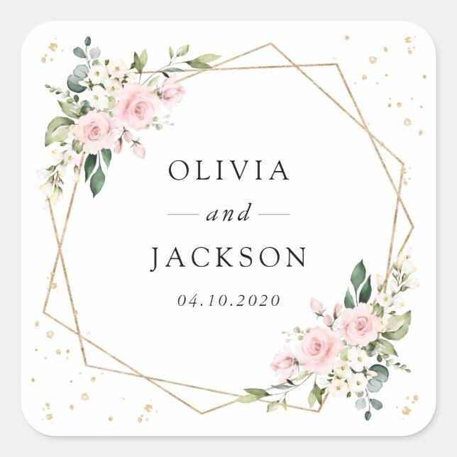 Pink Flowers, White Flowers, Greenery, Wedding Square Sticker (Front)