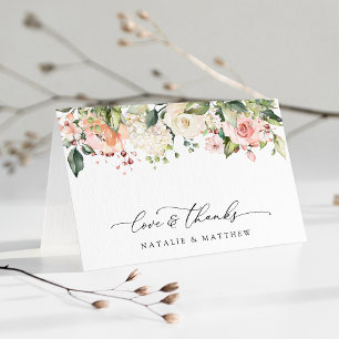Pink Flowers, White Flowers, Greenery, Wedding Thank You Card