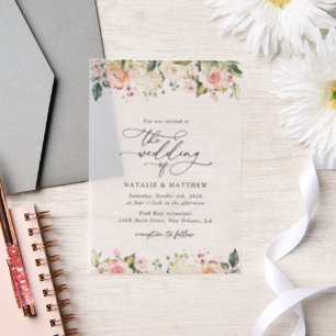 Pink Flowers, White Flowers, Greenery, Wedding Vellum Invitations