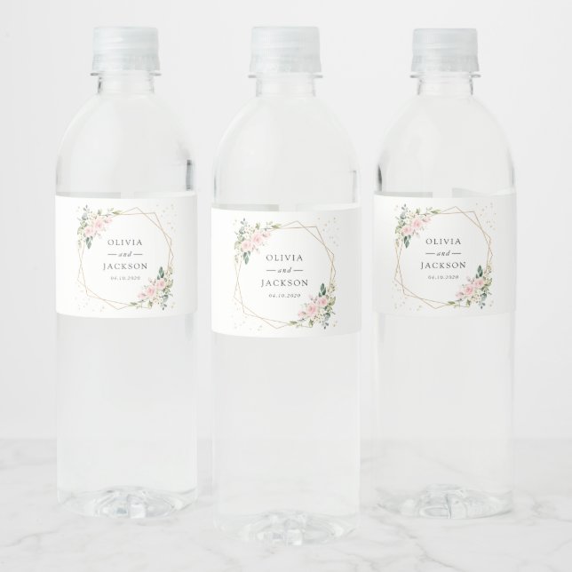 Pink Flowers, White Flowers, Greenery, Wedding Water Bottle Label (Bottles)