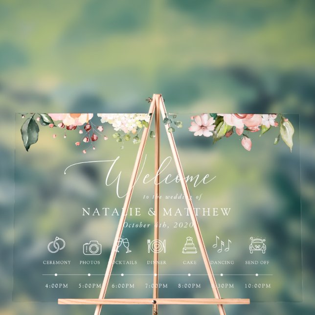 Pink Flowers, White Flowers, Wedding Timeline Acrylic Sign (Neutral)