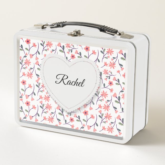 Pink Flowers White Heart Girly School Metal Lunch Box (Front)