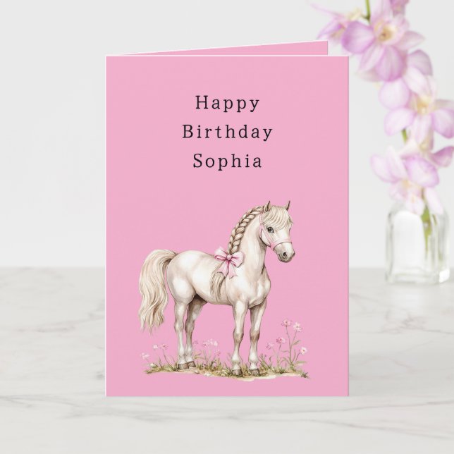 Pink Flowers White Horse Cowgirl Birthday Card (Orchid)