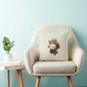 Pink Flowers, White Roses, Green Leaves, Floral Cushion
