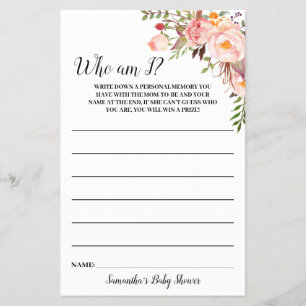 Pink Flowers Who am I Baby Shower Game Card