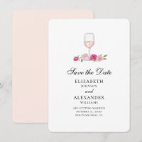 Pink flowers. Wine glass. Roses save the date