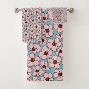 Pink Flowers With Blue Bath Towel Set