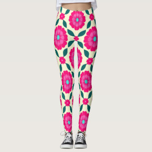 Pink Flowers With Blue Centres and Green Leaves Leggings