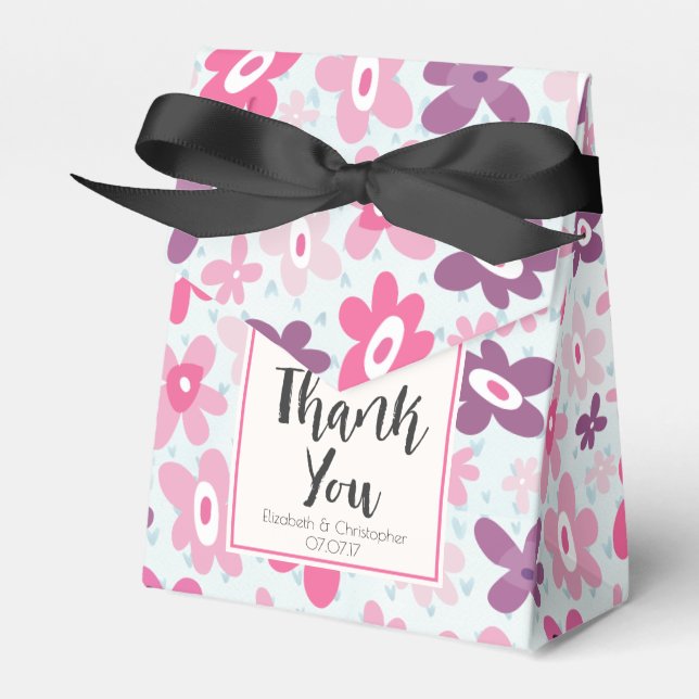 Pink Flowers with Blue Hearts Cute Thank You Favour Box (Front Side)