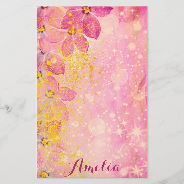Pink Flowers With Bokeh Sparkles & Paint Splatters Stationery (Front)