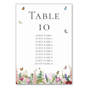 Pink Flowers with Butterflies & Guest Names Table Number