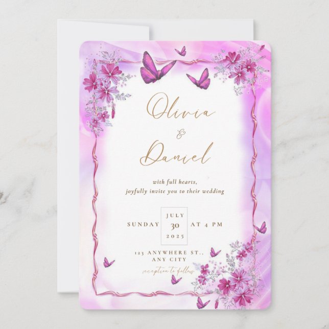 Pink Flowers with Butterflies Wedding Invitation (Front)