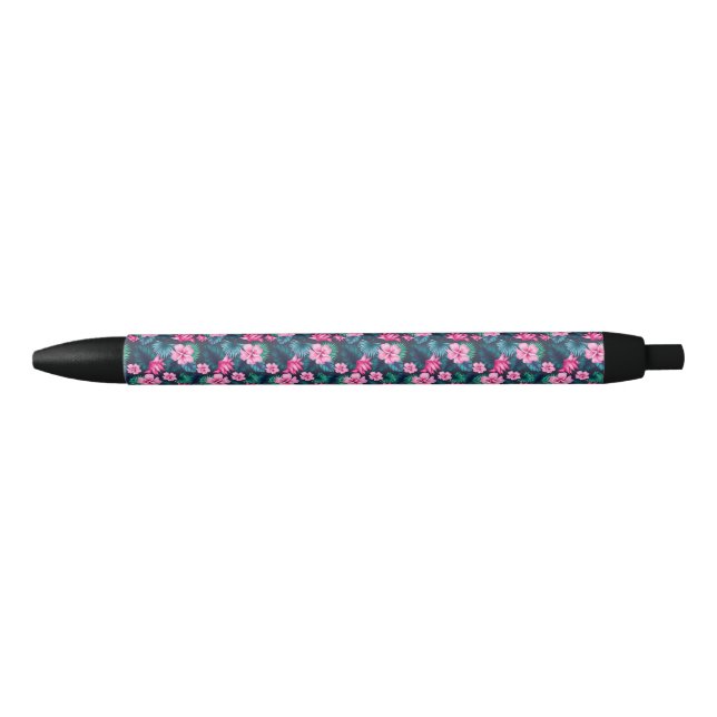 Pink Flowers with Green Leaves Partern-79066 Black Ink Pen (Front)