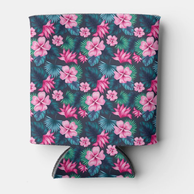 Pink Flowers with Green Leaves Partern-79066 Can Cooler (Front)