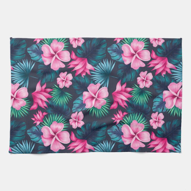 Pink Flowers with Green Leaves Partern-79066 Tea Towel (Horizontal)
