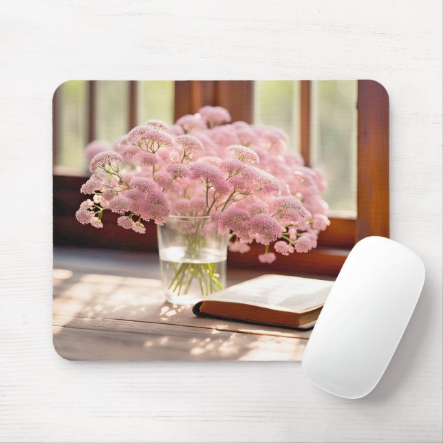 Pink Flowers With Old Book Mouse Pad (With Mouse)