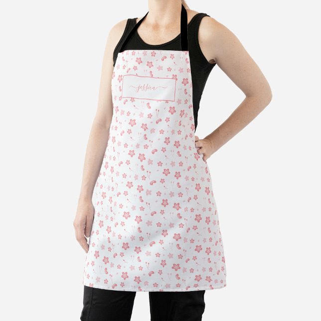 Pink Flowers with Script Name Apron (Creator Uploaded)